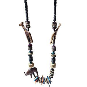 African Safari Wood Animal Beaded Necklace Hand Carved Giraffe Elephant Jewelry